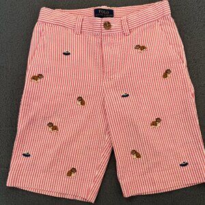Ralph Lauren Boys Seersucker Shorts – Size 6, Embroidered Lions & Boats, Pink St